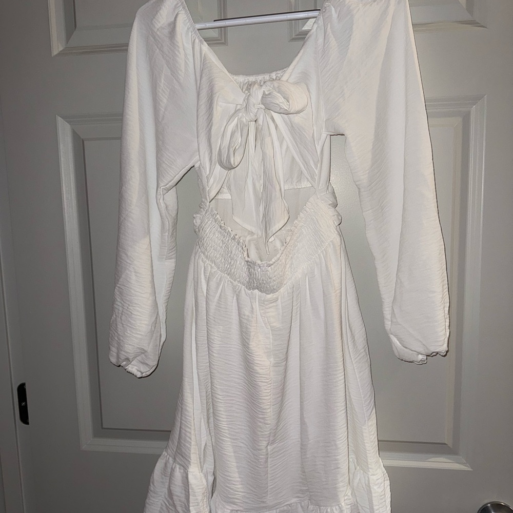 White Long Sleeve Tie-Front Dress